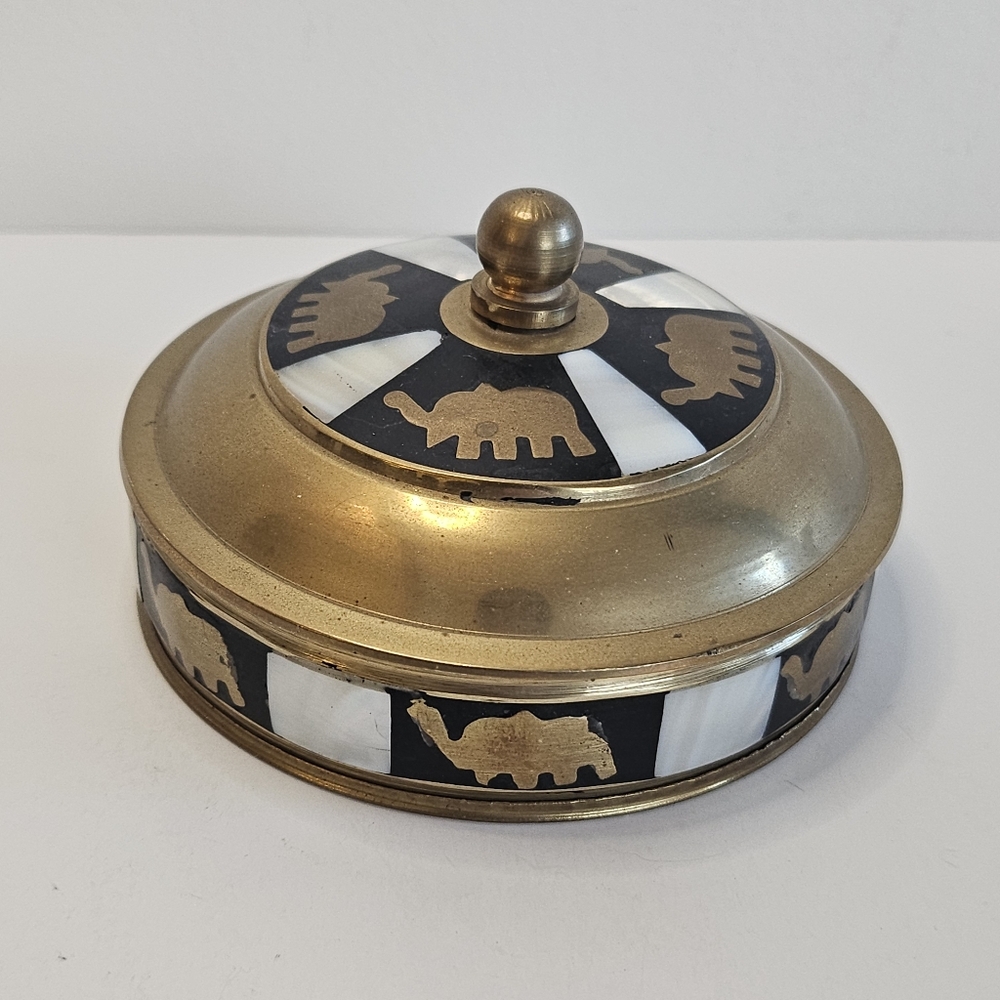 Vintage lidded Brass Trinket Jewelry Box Elephant Design Mother of Pearl